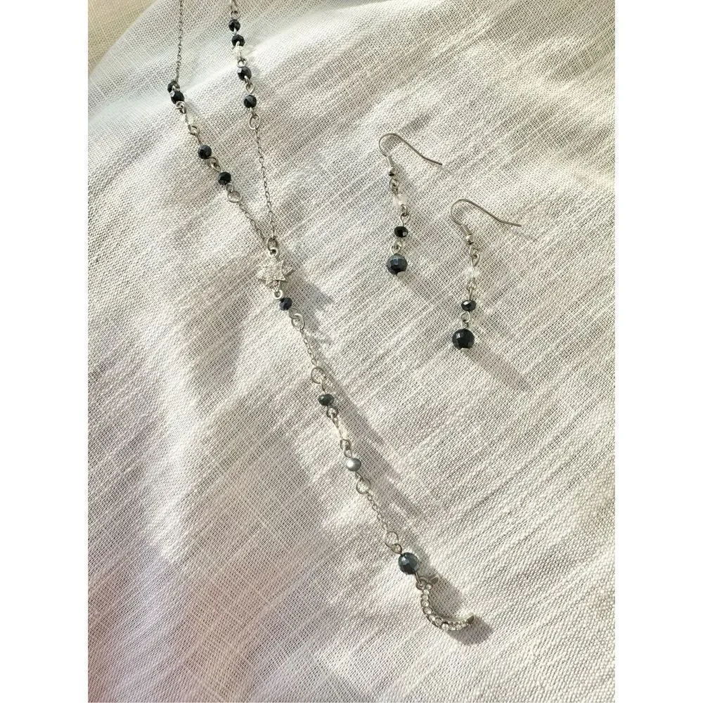 Moon & Stars navy bead necklace w/ earrings